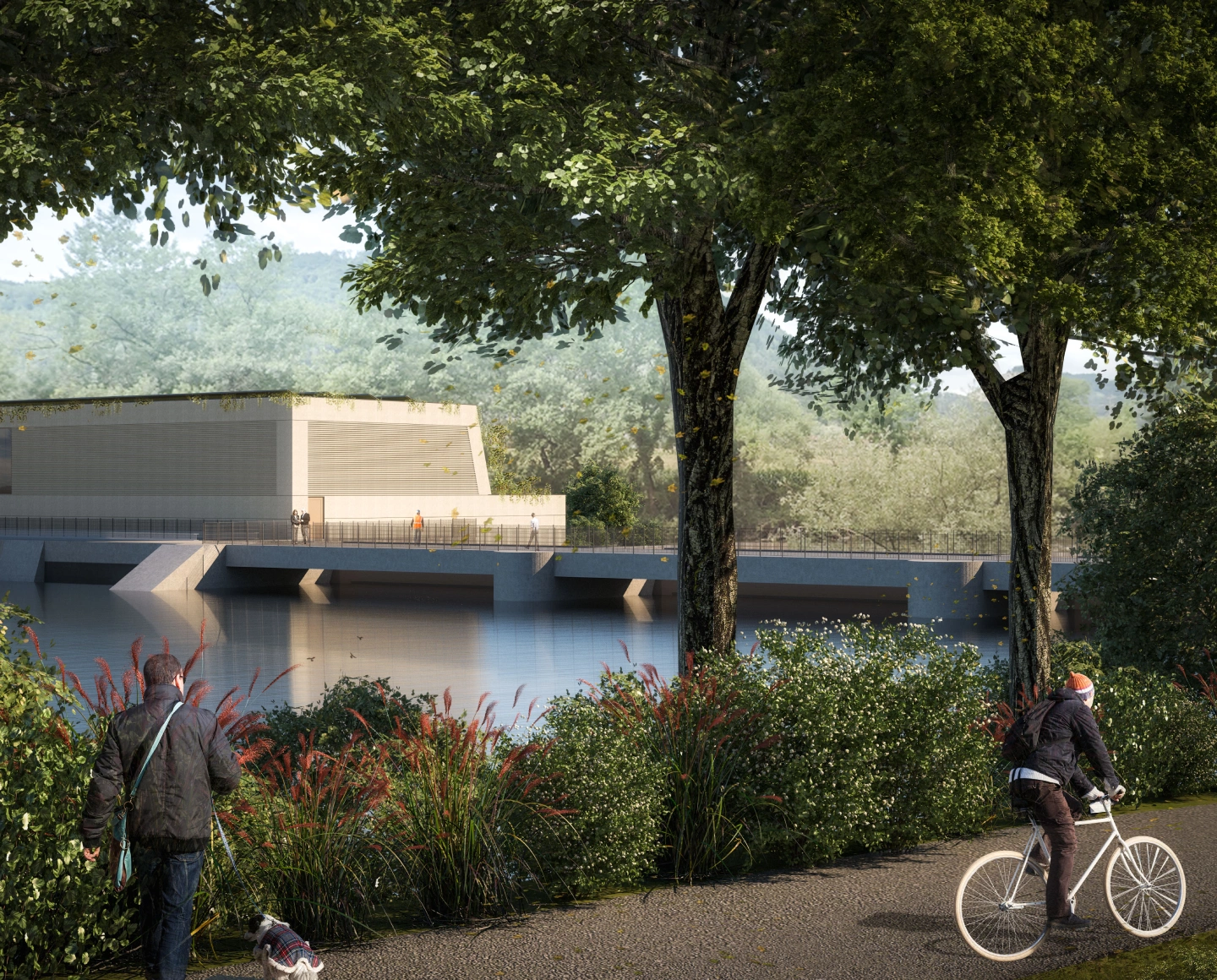 Wir sehen ein Rendering, dass im Mittelgrund das neue Kraftwerk Stübing zeigt. Im Vordergrund sehen wir Fußgänger und Radfaherer mit Bäumen. Der Hintergrund zeigt außerdem Bäume und Wälder.